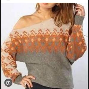 Free People Off-Shoulder Sweater - Gray and Orange